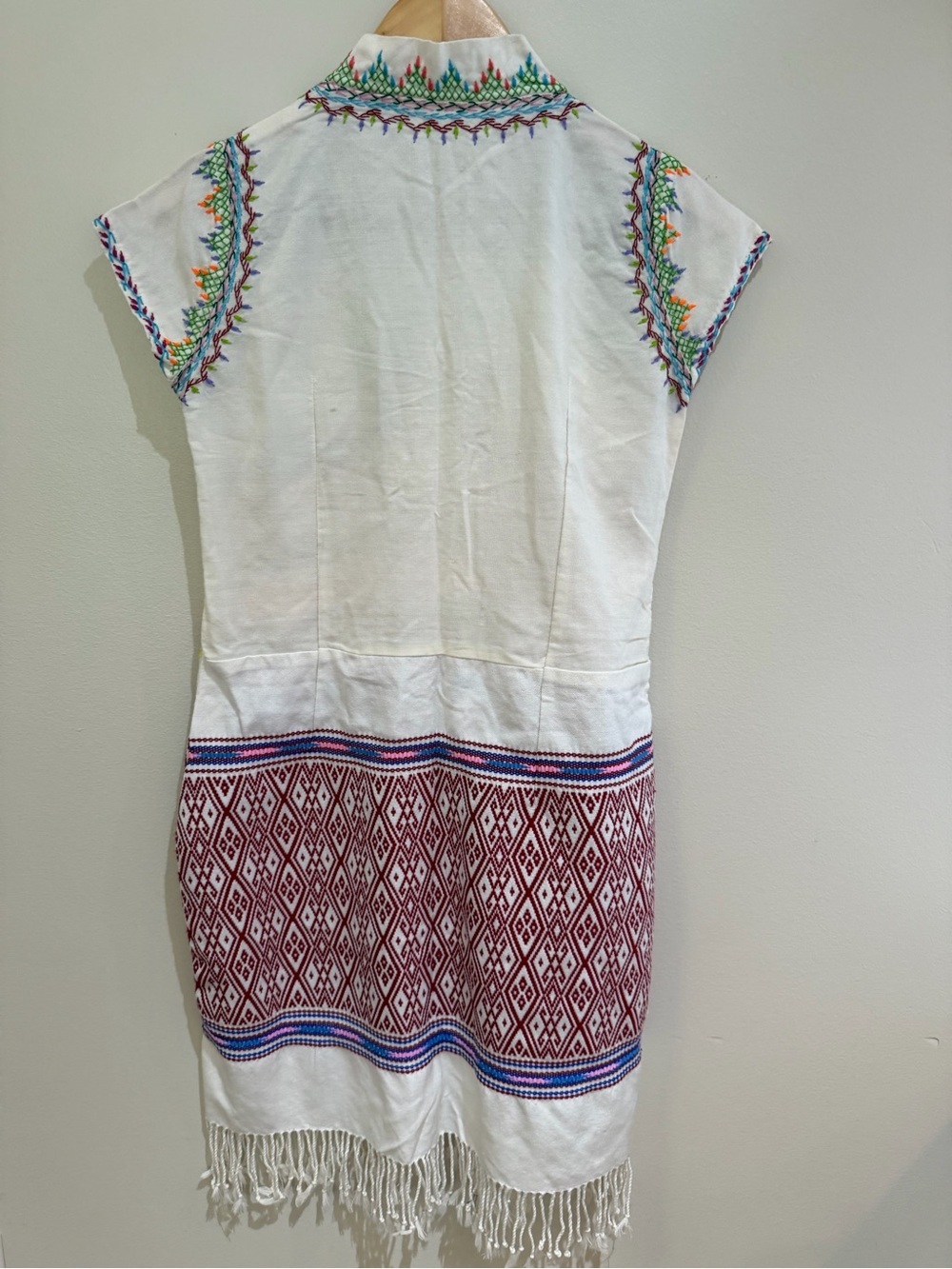 Hand-Embroidered White Boho Fringe Tunic Dress with Colorful Stitching small - Picture 15 of 15